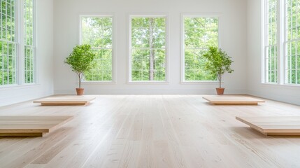 Fototapeta premium Tranquil modern room, sunlit windows, plants, wooden platforms, peaceful zen space, meditation