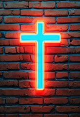 Glowing Neon Cross Brick Wall Christian Faith Symbolism