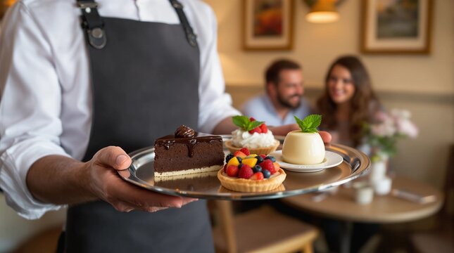 Dessert tray served by a waiter in a cozy restaurant with couples enjoying their time