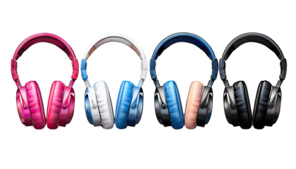Colection of headphones in four different isolated on a white background.AI GENERATED
