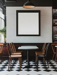 A trendy, Instagram-worthy café with a black-and-white checkered floor and a centered white frame.