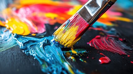 Fototapeta premium Bright and colorful paint dripping from a brush onto a glossy black surface, creating a dramatic splash of color in a dynamic artistic scene