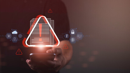 Document Security Alert red Warning for Fraud, Cyber Scams, and Data Risks. Digital safety, exclamation notices, and protection against online threats.