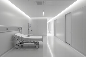 A spacious and bright hospital ward with white walls and hospital beds.