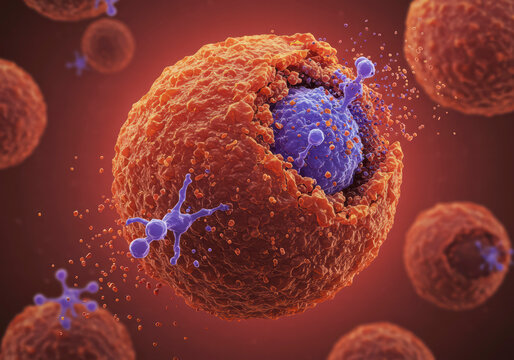 3D Conceptual Illustration of Leukemia Cell Destruction for Blood Cancer Treatment
