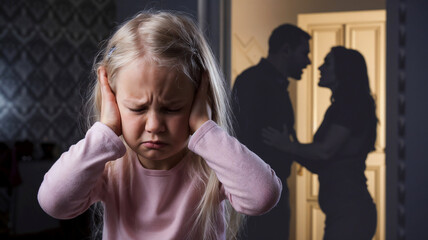 Frustrated little girl holding hands on ears, feels upset while angry parents fighting at background. parents fighting or conflict, divorce separation, arguing family problems, negative child impact.