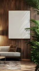 A tropical luxury resort lobby with an open-air concept and a blank white frame on a wooden accent wall.