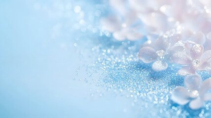 Close up of a blue background featuring white flowers and sparkling iridescent confetti flat lay arrangement