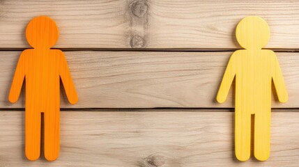 Wooden Figures Representing Connection and Isolation in Orange and Yellow Colors on Wood Background
