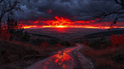 Fiery sunset over autumn hills, reflecting on road