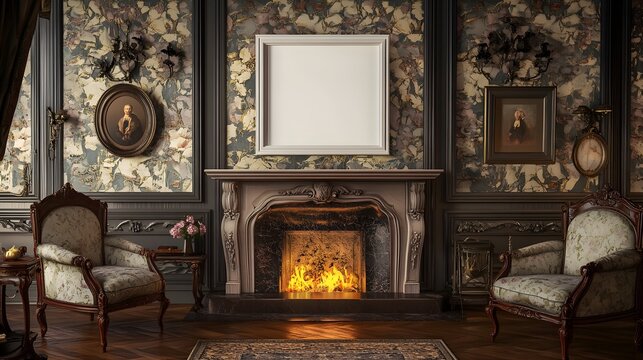 A Victorian-style parlor with a fireplace, antique furniture, and an empty white frame.