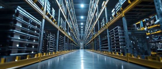 Capacity Shipping System, Warehouse Racks of Metal Components with Bright Lighting Enhancing Depth and Perspective