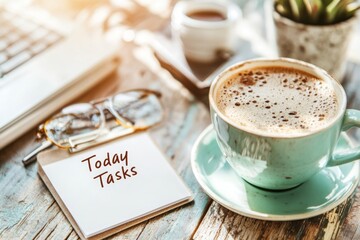 A sticky note with "Today Tasks" written on it, placed on a wooden desk