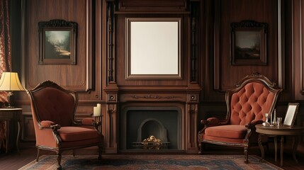 A Victorian-style parlor with a fireplace, antique furniture, and an empty white frame.