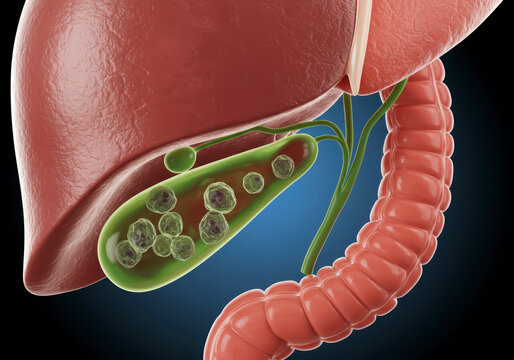 Medical 3D Rendering of Gallbladder with Stones, Showing Liver Anatomy and Bile Duct Blockage