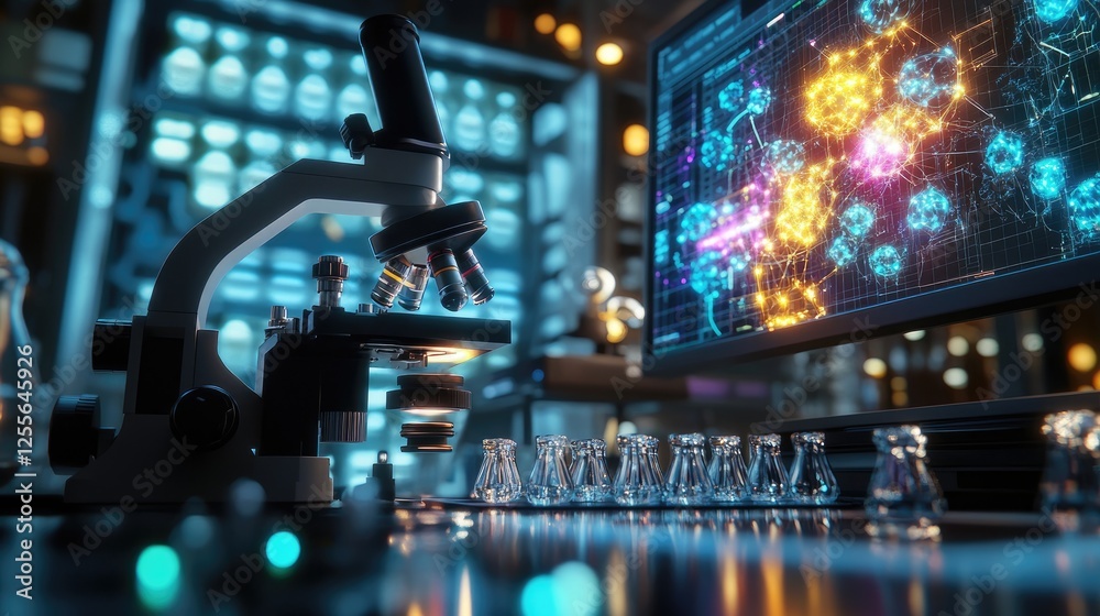 Poster Close-up of a microscope focused on nanotech samples, with digital monitors showing complex molecular structures in a high-tech lab environment
