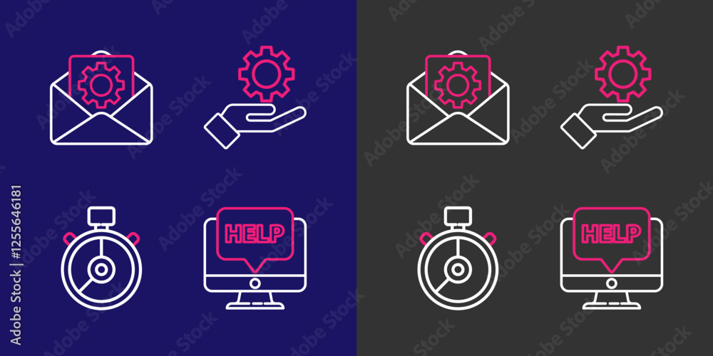 Poster set line computer monitor and help, stopwatch, settings in the hand and envelope setting icon. vecto