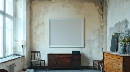 A vintage apartment with high ceilings, a large white frame on a textured wall, and an antique wooden dresser.