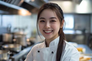 Obraz premium Smiling female chef prepares delicious dishes in a professional kitchen a culinary delight experience