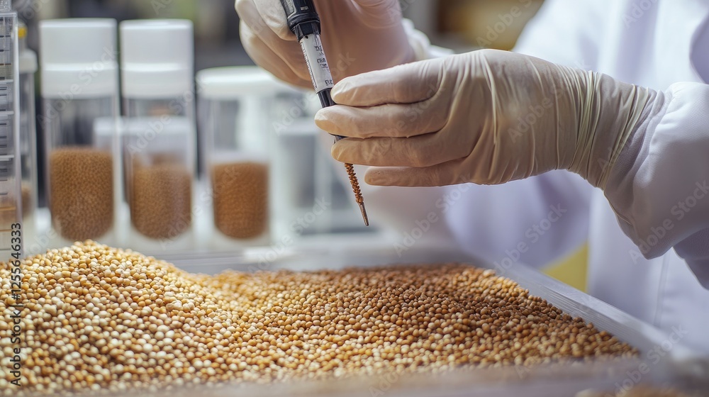 Poster close-up of a researcher hands sorting agricultural grains and legumes for analysis, using precise l