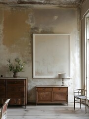 A vintage apartment with high ceilings, a large white frame on a textured wall, and an antique wooden dresser.