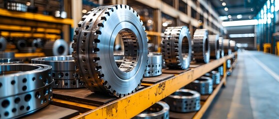 Naklejka premium Capacity Shipping System, Loading Dock with Metallic Parts Being Moved onto Industrial Racks in a Dynamic Warehouse Setting