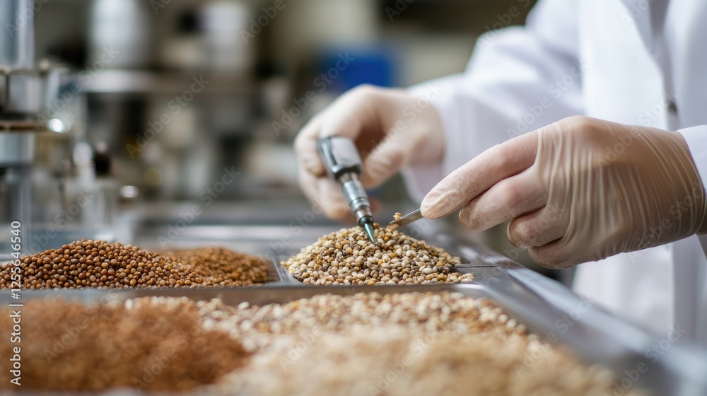 Poster Close-up of a researcher hands sorting agricultural grains and legumes for analysis, using precise laboratory tools in a scientific setting