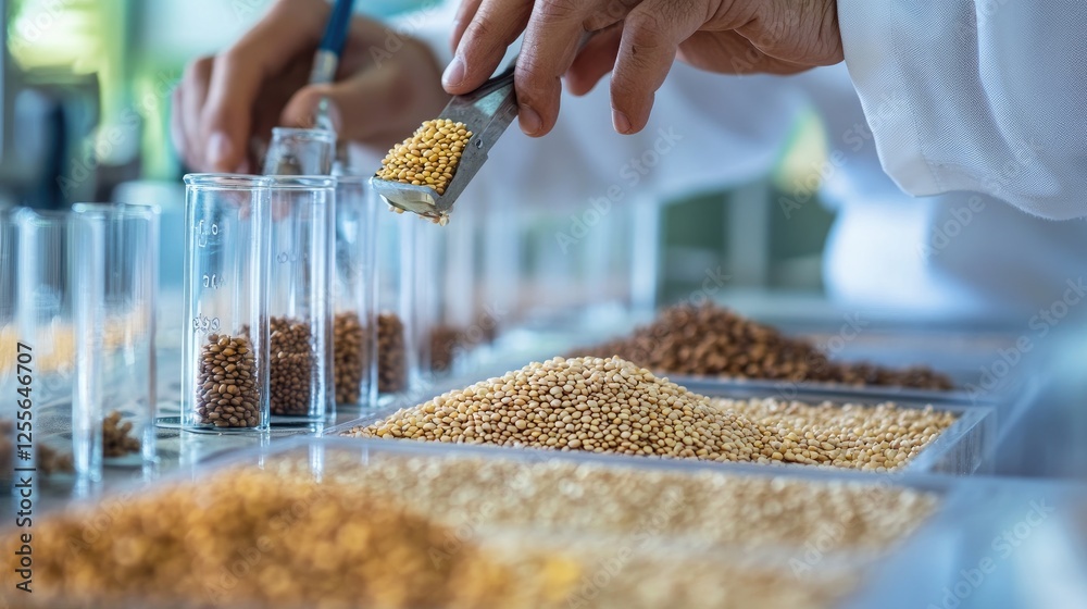Poster Close-up of a researcher hands sorting agricultural grains and legumes for analysis, using precise laboratory tools in a scientific setting