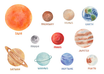 Watercolor illustration. Set of planets. Hand painted planets of Solar system with star Sun, satellite Moon. Mercury, Venus, Earth, Mars, Jupiter, Saturn, Uranus, Neptune, Pluto with handwritten names