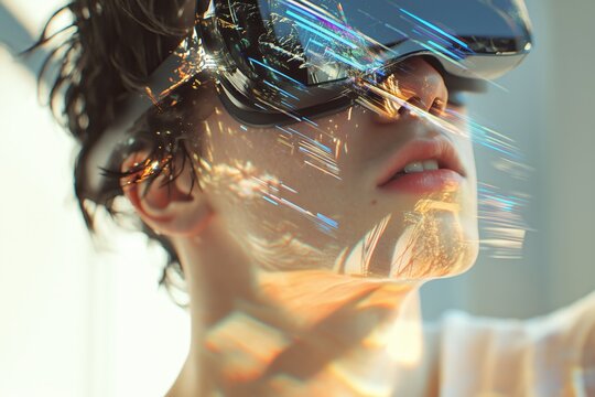 Man wearing virtual reality headset with digital glitch effect
