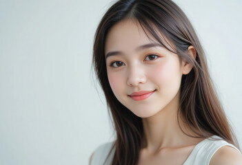 Naklejka premium スキンケアや美容トリートメントに適した、自然な肌と長い髪を持つ美しいアジア人女性のクローズアップポートレート。
