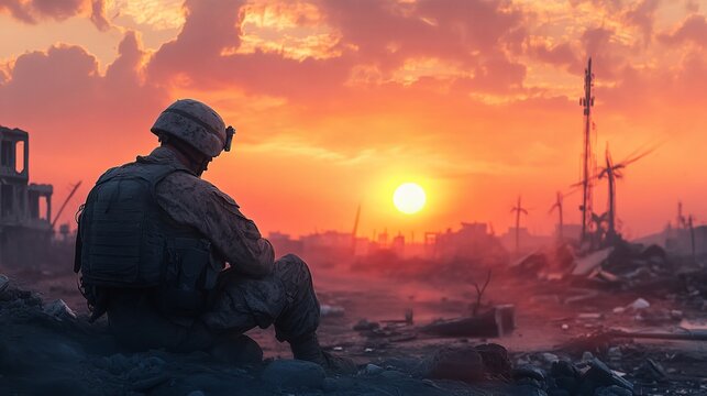 Solitary soldier reflecting on war's toll in a quiet bunker introspective content in a war-torn environment