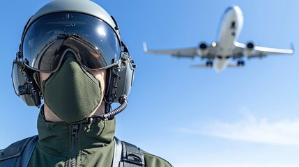 Fototapeta premium Pilot Helmet & Airplane Taking Off