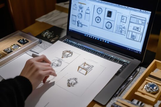 Designer sketching jewelry, laptop CAD, boutique, luxury - Powered by Adobe