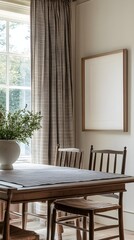 A vintage-inspired country dining room with checkered patterns, soft curtains, and a framed white canvas.