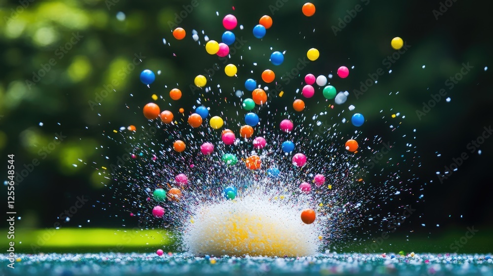 Poster Close-up of colorful Styrofoam mini balls exploding outward in a burst of motion blur, adding vibrancy and energy to the composition