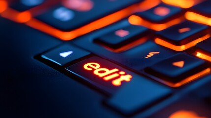 Close-up detail of an orange 'Edit' title key on a black keyboard, great for technology and office themes