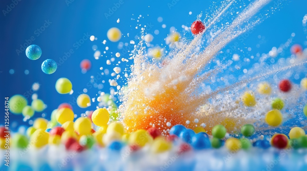 Aufkleber Close-up of colorful Styrofoam mini balls exploding outward in a burst of motion blur, adding vibrancy and energy to the composition