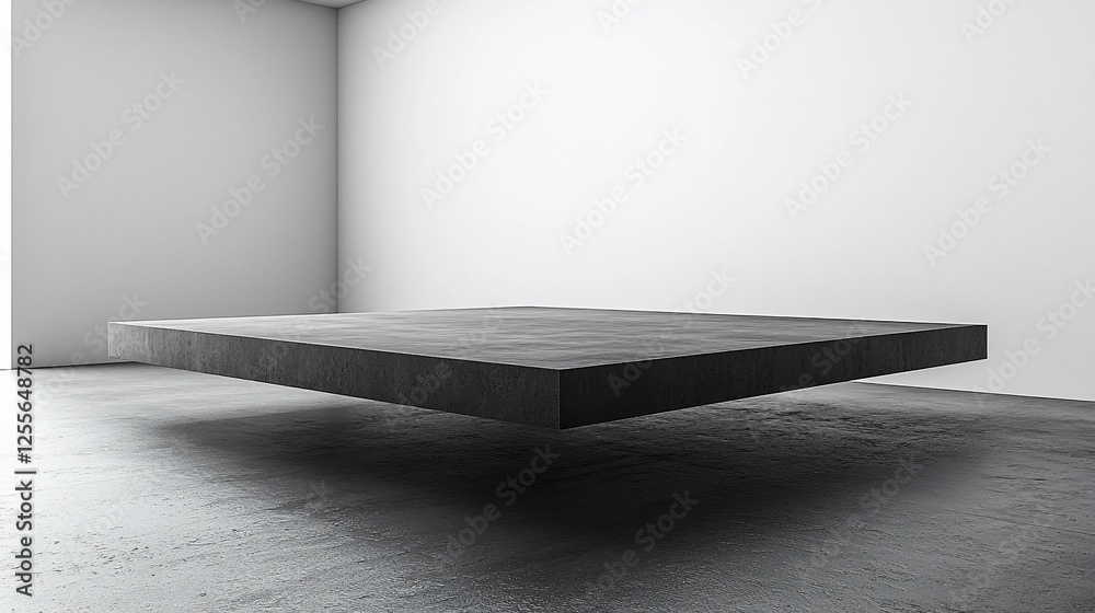 Poster floating platform in minimalist room; interior design mock-up
