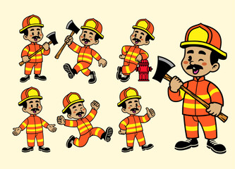 Joyful Cartoon Character Set Of Fireman