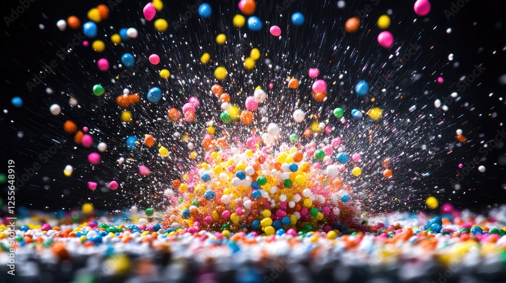 Poster Close-up of colorful Styrofoam mini balls exploding outward in a burst of motion blur, adding vibrancy and energy to the composition