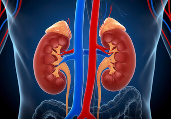 Medical 3D Rendering of Kidneys with Adrenal Glands, Showing Vital Organs in the Human Body