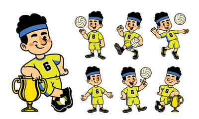 Joyful Cartoon Character Set Of Volleyball Player