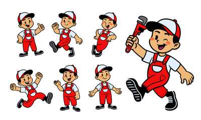 Joyful Cartoon Character Set Of Plumber
