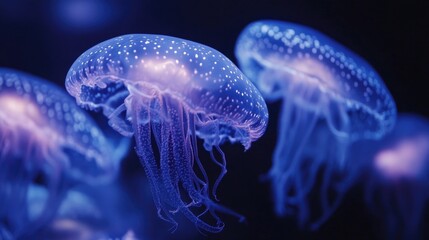Translucent jellyfish gracefully drifting in the deep blue sea waters