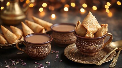 Fototapeta premium A festive Indian tea setup, a beautifully decorated table with masala chai in ornate clay cups, fresh samosas stacked beside golden brass utensils, twinkling fairy lights in the background,