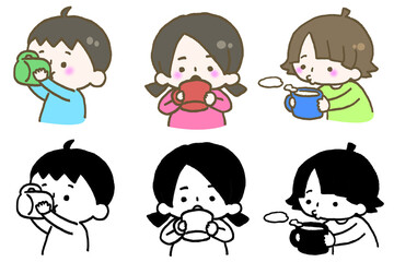 マグカップで飲み物を飲む子どもたち