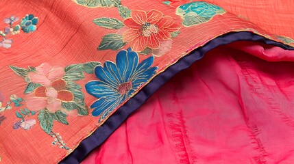 Coral Fabric with Intricate Floral Embroidery Detail