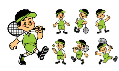 Set Cute Cartoon Character Of  Tennis Player
