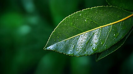 A Single Dew Covered Green Leaf With A Yellow Vein
